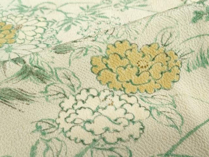 平和屋着物▽上質な小紋　単衣　手描き　草花文　金彩　鬼しぼ縮緬　正絹　逸品　DABD9640ud