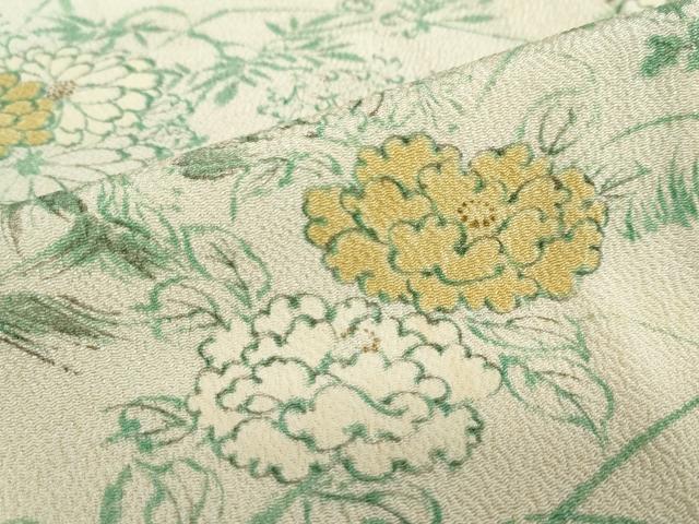平和屋着物▽上質な小紋　単衣　手描き　草花文　金彩　鬼しぼ縮緬　正絹　逸品　DABD9640ud