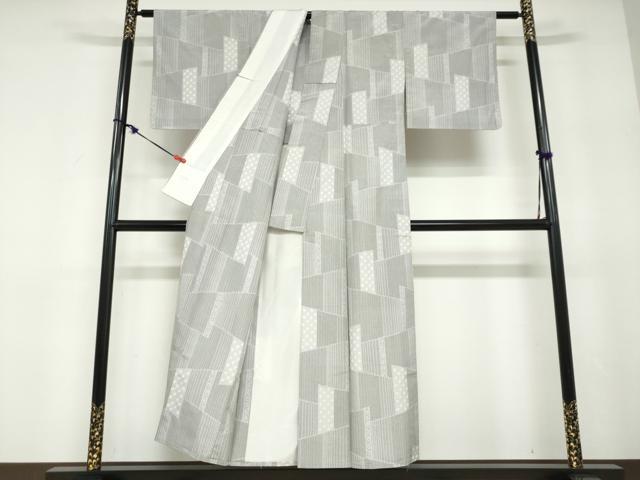 平和屋着物▽上質な紬　単衣　絞り　変わり格子文　正絹　逸品　DABD9641ud