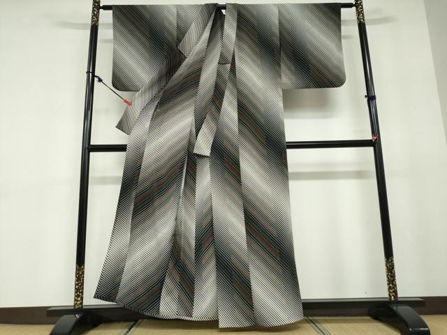 平和屋着物▽上質な小紋　単衣　斜縞　正絹　逸品　DABD9644ud