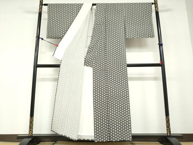 平和屋着物▽上質な小紋　単衣　麻の葉文様　黒地　正絹　逸品　DABD9661ud