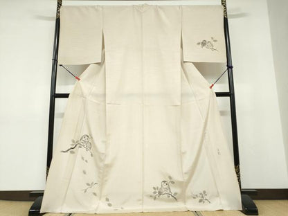 平和屋着物▽訪問着　単衣　作家物　紬地　手描き　梟　ふくろう　金彩　ロング丈　正絹　逸品　DABD9676ud