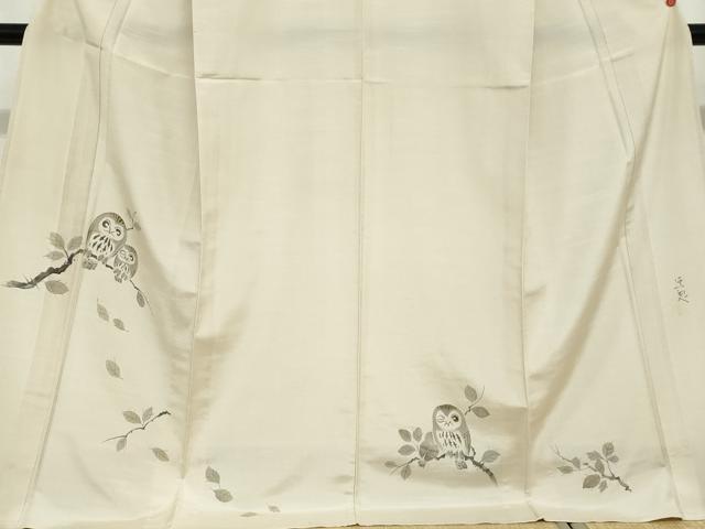 平和屋着物▽訪問着　単衣　作家物　紬地　手描き　梟　ふくろう　金彩　ロング丈　正絹　逸品　DABD9676ud