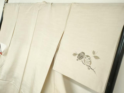 平和屋着物▽訪問着　単衣　作家物　紬地　手描き　梟　ふくろう　金彩　ロング丈　正絹　逸品　DABD9676ud