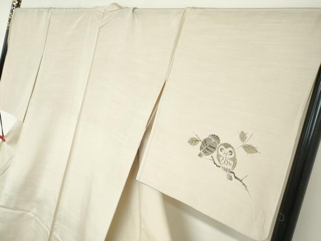 平和屋着物▽訪問着　単衣　作家物　紬地　手描き　梟　ふくろう　金彩　ロング丈　正絹　逸品　DABD9676ud