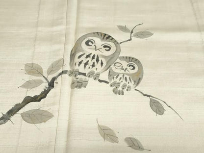 平和屋着物▽訪問着　単衣　作家物　紬地　手描き　梟　ふくろう　金彩　ロング丈　正絹　逸品　DABD9676ud