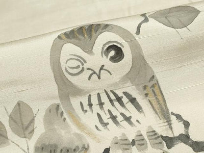 平和屋着物▽訪問着　単衣　作家物　紬地　手描き　梟　ふくろう　金彩　ロング丈　正絹　逸品　DABD9676ud