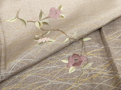 平和屋着物▽訪問着　単衣　刺繍　枝椿文　暈し染め　金銀彩　正絹　逸品　DABD9679ud