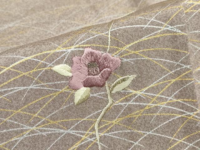 平和屋着物▽訪問着　単衣　刺繍　枝椿文　暈し染め　金銀彩　正絹　逸品　DABD9679ud