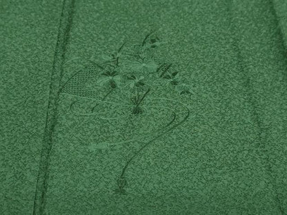 平和屋着物▽中国三大刺繍　汕頭刺繍　スワトウ刺繍　総刺繍　無地絵羽訪問着　単衣　扇面草花文　苔色　正絹　逸品　DABD9696ud