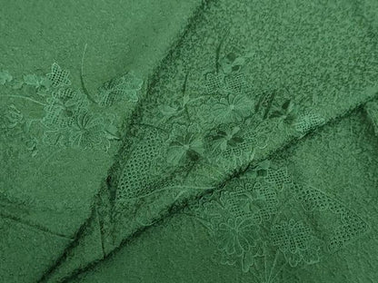 平和屋着物▽中国三大刺繍　汕頭刺繍　スワトウ刺繍　総刺繍　無地絵羽訪問着　単衣　扇面草花文　苔色　正絹　逸品　DABD9696ud