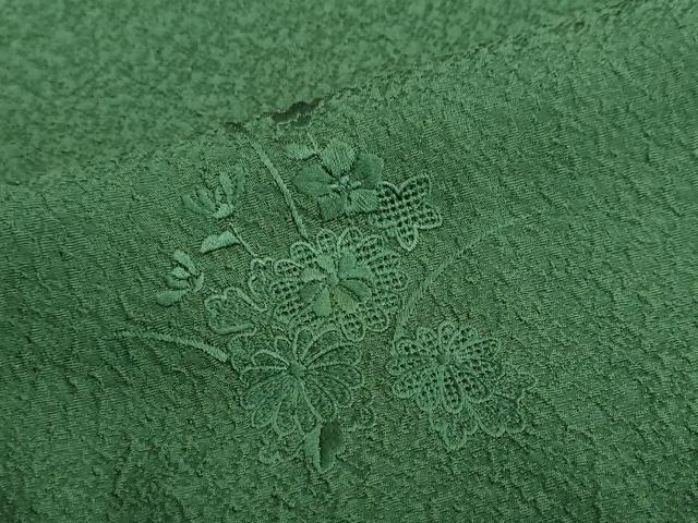 平和屋着物▽中国三大刺繍　汕頭刺繍　スワトウ刺繍　総刺繍　無地絵羽訪問着　単衣　扇面草花文　苔色　正絹　逸品　DABD9696ud