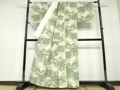 平和屋着物▽上質な紬　単衣　樹林文　正絹　逸品　DABD9699ud
