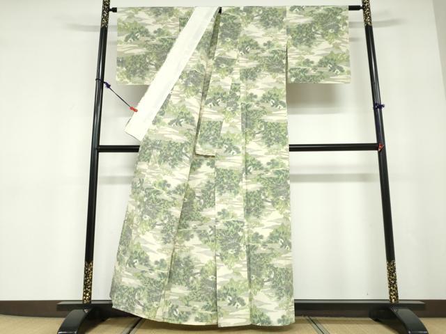 平和屋着物▽上質な紬　単衣　樹林文　正絹　逸品　DABD9699ud