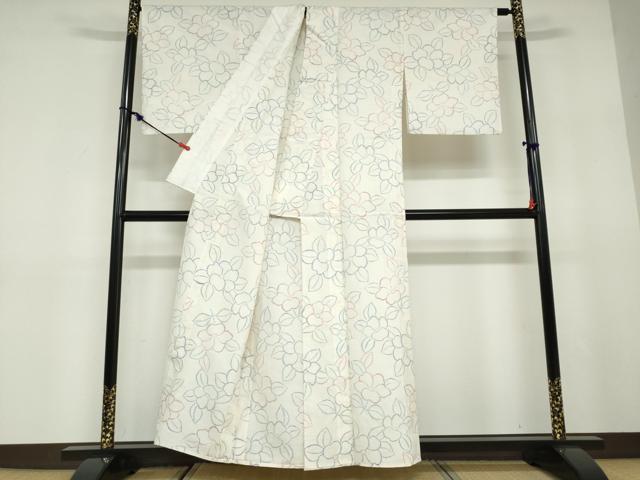 平和屋着物▽上質な紬　単衣　椿文　正絹　逸品　DABD9712ud