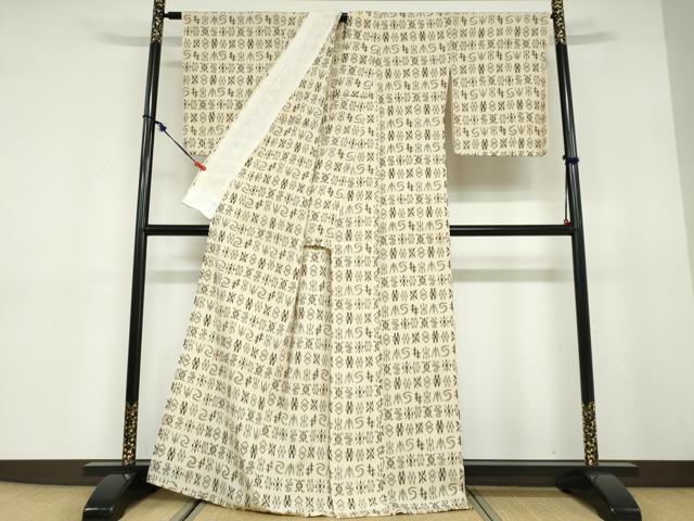 平和屋着物▽本塩沢　単衣　絣文様　正絹　逸品　DABD9714ud
