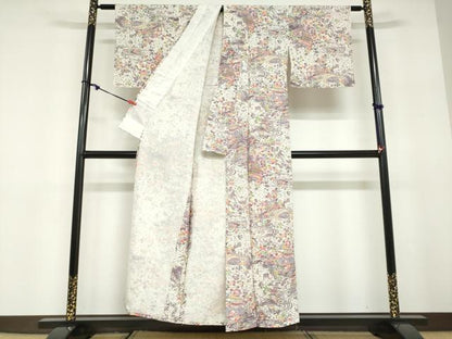 平和屋着物▽上質な小紋　単衣　型染め　流水風景草花文　正絹　逸品　DABD9715ud