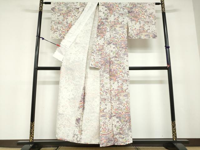平和屋着物▽上質な小紋　単衣　型染め　流水風景草花文　正絹　逸品　DABD9715ud