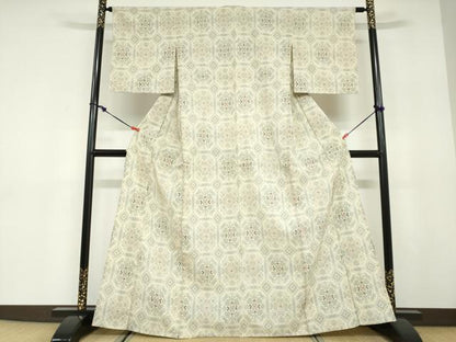 平和屋着物▽本塩沢　単衣　幾何学文様　正絹　逸品　DABD9724ud