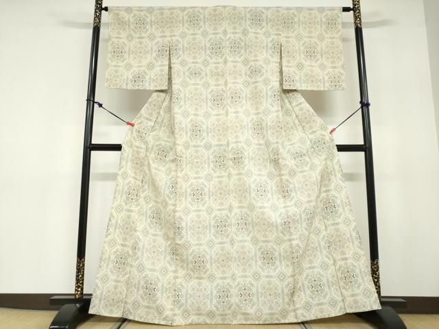 平和屋着物▽本塩沢　単衣　幾何学文様　正絹　逸品　DABD9724ud