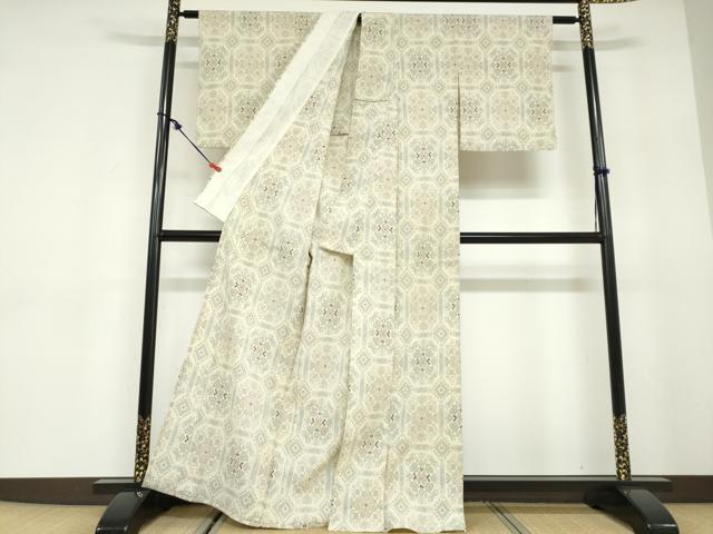 平和屋着物▽本塩沢　単衣　幾何学文様　正絹　逸品　DABD9724ud