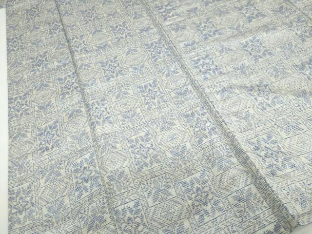 平和屋着物▽上質な紬　単衣　格子草花文　正絹　逸品　DABD9729ud