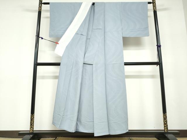 平和屋着物▽上質な色無地　単衣　流水地紋　湊鼠色　正絹　逸品　DABD9735ud