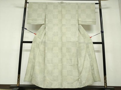 平和屋着物▽白鷹お召　単衣　110亀甲　格子文　正絹　逸品　DABD9736ud