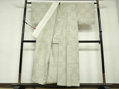 平和屋着物▽白鷹お召　単衣　110亀甲　格子文　正絹　逸品　DABD9736ud