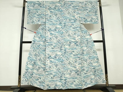 平和屋着物▽上質な小紋　単衣　紬地　樹林風景文　正絹　逸品　DABD9742ud