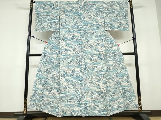 平和屋着物▽上質な小紋　単衣　紬地　樹林風景文　正絹　逸品　DABD9742ud