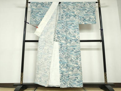 平和屋着物▽上質な小紋　単衣　紬地　樹林風景文　正絹　逸品　DABD9742ud