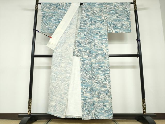 平和屋着物▽上質な小紋　単衣　紬地　樹林風景文　正絹　逸品　DABD9742ud