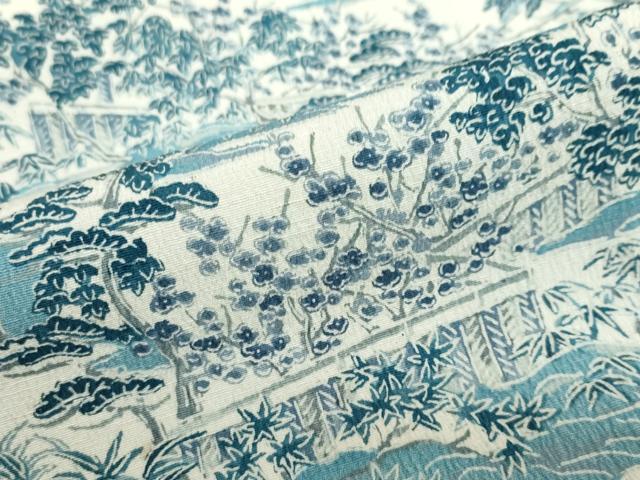 平和屋着物▽上質な小紋　単衣　紬地　樹林風景文　正絹　逸品　DABD9742ud