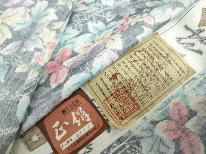 平和屋着物●小千谷紬　草花文　証紙付き　正絹　逸品　未使用　DABD9747ud