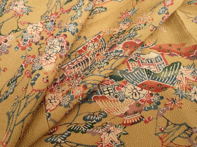 平和屋着物●上質な小紋　型染め　風景草花文　鬼しぼ縮緬　正絹　逸品　未使用　DABD9754ud
