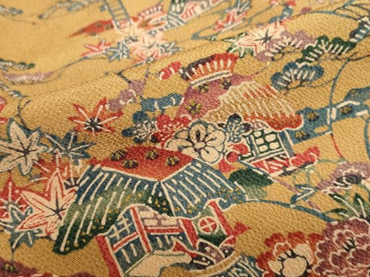 平和屋着物●上質な小紋　型染め　風景草花文　鬼しぼ縮緬　正絹　逸品　未使用　DABD9754ud
