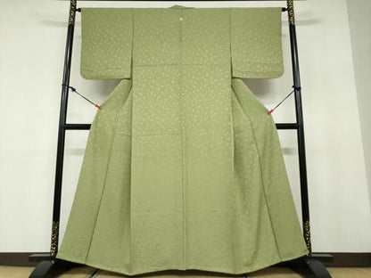 平和屋着物●上質な色無地　花尽くし地紋　松葉色　正絹　逸品　DABD9761ud