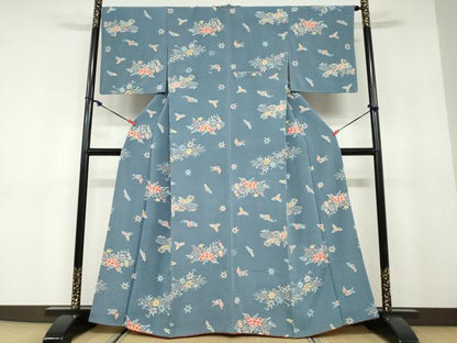 平和屋着物●上質な小紋　型染め　流水花鳥文　鬼しぼ縮緬　正絹　逸品　DABD9764ud