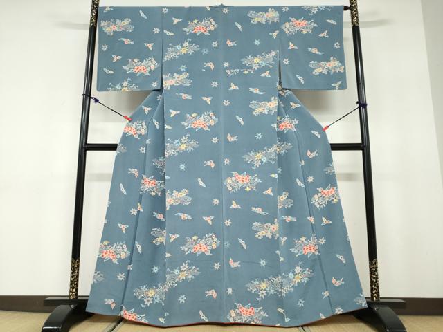 平和屋着物●上質な小紋　型染め　流水花鳥文　鬼しぼ縮緬　正絹　逸品　DABD9764ud
