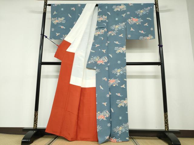 平和屋着物●上質な小紋　型染め　流水花鳥文　鬼しぼ縮緬　正絹　逸品　DABD9764ud