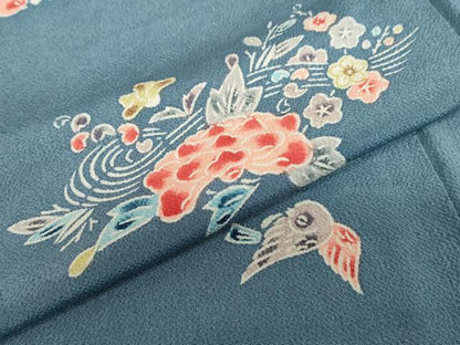 平和屋着物●上質な小紋　型染め　流水花鳥文　鬼しぼ縮緬　正絹　逸品　DABD9764ud