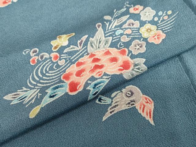 平和屋着物●上質な小紋　型染め　流水花鳥文　鬼しぼ縮緬　正絹　逸品　DABD9764ud