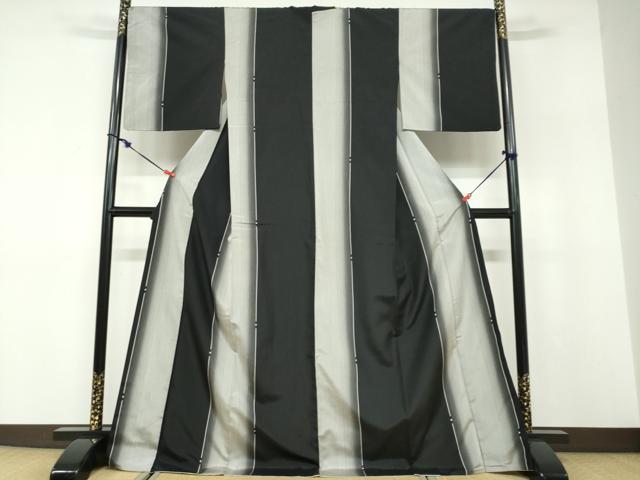 平和屋着物●上質な紬　変わり縞間道　黒地　正絹　逸品　DABD9766ud