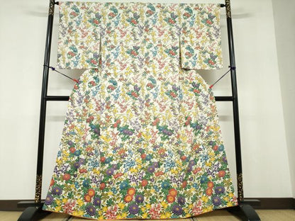 平和屋着物●訪問着　型染め　草花文　正絹　逸品　DABD9770ud