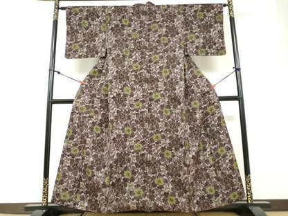 平和屋着物●上質な小紋　紬地　型染め　草花文　正絹　逸品　DABD9775ud