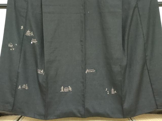 平和屋着物●訪問着　紬地　総刺繍　風景文　黒地　正絹　逸品　DABD9783ud