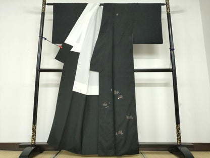 平和屋着物●訪問着　紬地　総刺繍　風景文　黒地　正絹　逸品　DABD9783ud