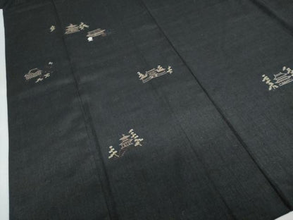 平和屋着物●訪問着　紬地　総刺繍　風景文　黒地　正絹　逸品　DABD9783ud