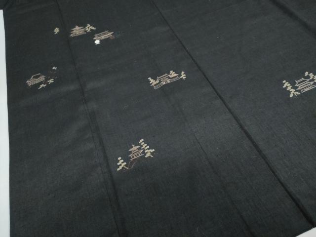 平和屋着物●訪問着　紬地　総刺繍　風景文　黒地　正絹　逸品　DABD9783ud